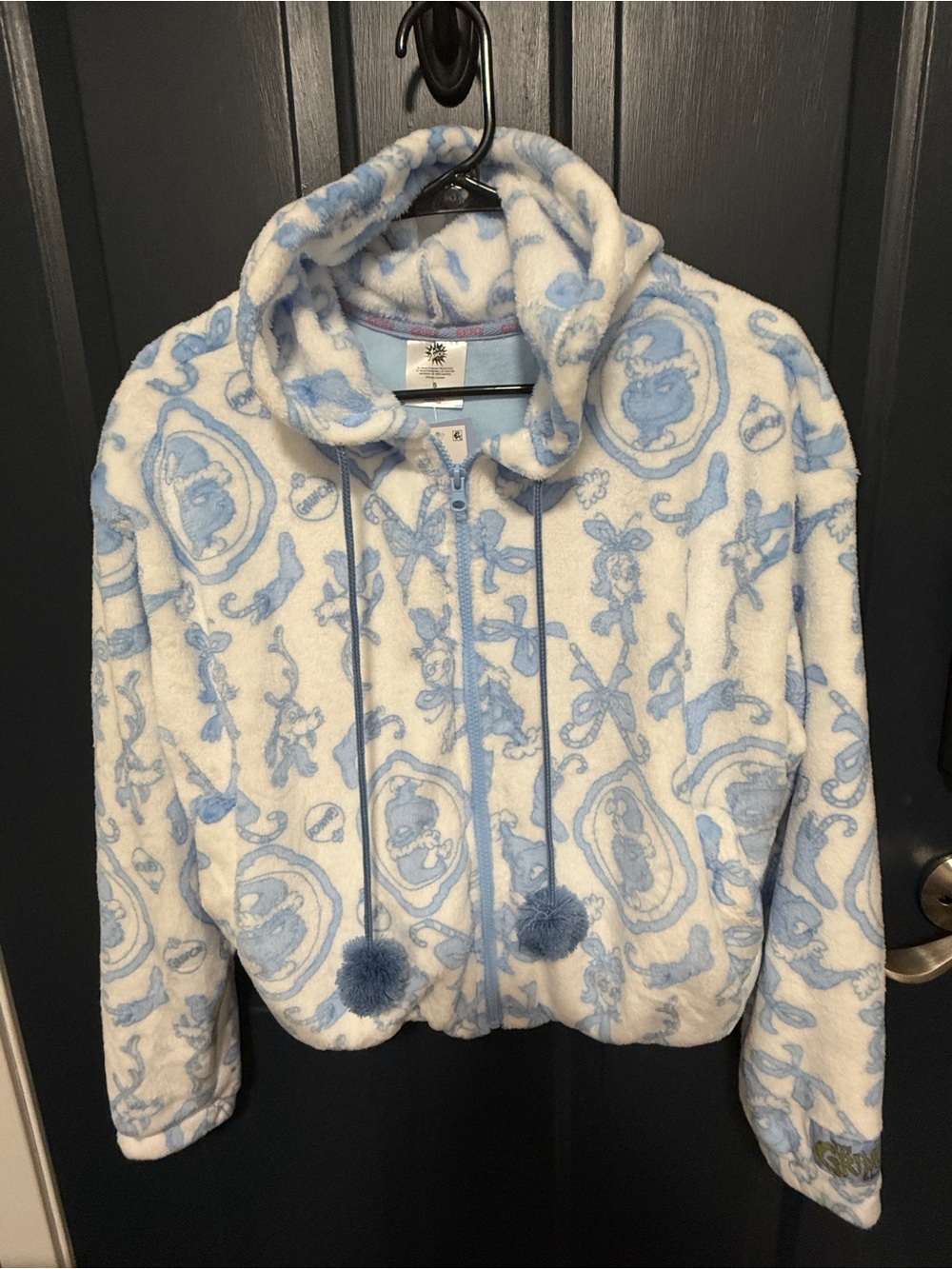 Cozy GRINCH White & Light Blue Plush Zip-Up Jacket with Pom-Pom Hood